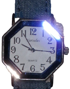 Varsales Watch Denim Jean Band Silver Hexagon Dial Bezel Blue Womens - Picture 1 of 24