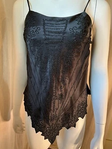 Y2K Slip Cami Tank Top Black Beaded Scalloped Witchy Goth Fairy Vamp Cut Label - Picture 1 of 18