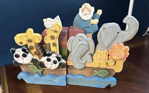 Noah's Ark Wooden Book Ends Animals Sea Handcarved Nursery Library - Picture 1 of 8
