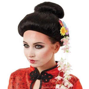 Womens Black Geisha Wig Flowers for Adult Japanese Oriental Fancy Dress Costume - Picture 1 of 2