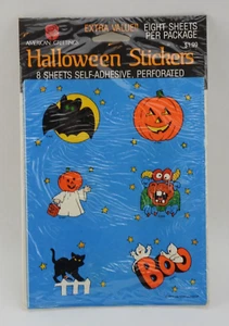Vintage 80er Aufkleber Halloween Neu Versiegelt 8 Blatt Kürbis Katze - Bild 1 von 2
