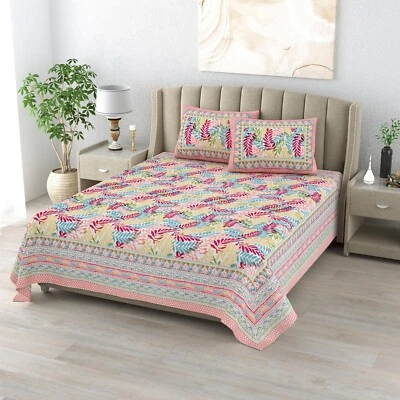 Handmade Cotton Bedsheet Printed with 2 Pillow Covers Double Bed king size - Image 1 of 4