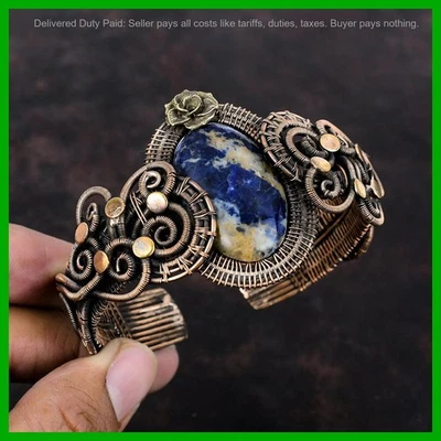 Christmas Sale Oval Sodalite Stone Copper Wire Wrapped Flower Unique Bangle Cuff - Image 1 of 4