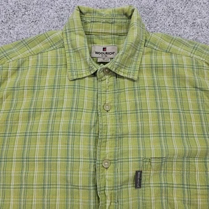 Woolrich Mens Short Sleeve Shirt Medium Green Button Up All Over Print Fishing - Picture 1 of 6