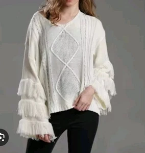 Cable-knit Oversize Fringe Sweater Cream 2XL - Picture 1 of 11