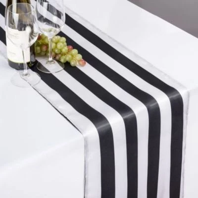 12"x108" INCH SATIN BLACK & WHITE STRIPED TABLE RUNNER CHARMEUSE PRINT SILK USA - Image 1 of 4