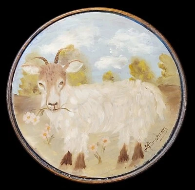 Pintura de cabra arte popular vintage firmada por un bosquimano placa redonda decoración de granja Foto 1 de 4