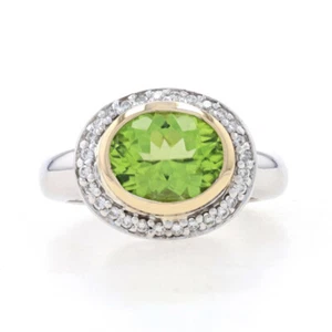 White Gold Peridot & Diamond Halo Ring - 14k Oval 3.10ctw East-West - Picture 1 of 9