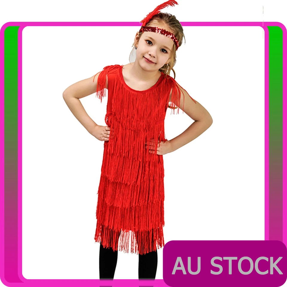 Niñas 20s Disfraz Gatsby Años 20 Niño Niños Rojo Aleta Charleston Vestido Elegante Foto 1 de 3