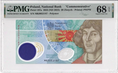 Poland 20 zlotych NICOLAUS COPERNICUS 2022 ND 2023 P #197a - UNC PMG 68 EPQ Cover