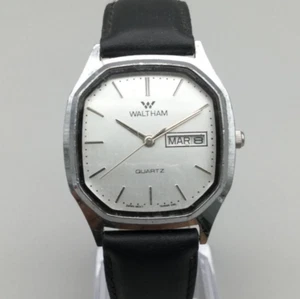 Vtg Waltham Watch Women 32mm Silver Tone Day Date Black Leather Band New Battery - Picture 1 of 16
