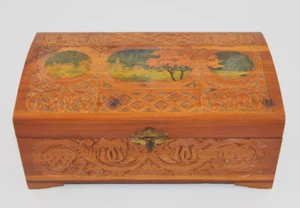 Vtg Carved Cedar Wood Hinged Jewelry Keepsake Box Village Scene Mirror 1960 - Picture 1 of 15