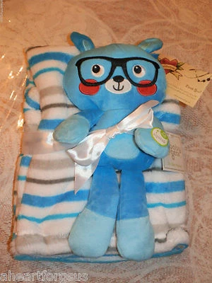 MANTA Y SEGURIDAD PELUCHE GATO CON GAFAS BEBÉ EQUIPO LOTE DE 2 RAYAS AZULES JUGUETE GATITO  Foto 1 de 4