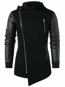 Herren asymmetrisch Reißverschluss Kapuzenpullover Ständer Kragen langärmelig schmal Kapuzenmantel Outwear - Bild 1 von 7