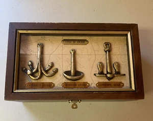 Used Vintage Glass Top Anchor Types Wood Box 9 3/4 X 5 5/8 Inch Minor Wear. - Picture 1 of 7
