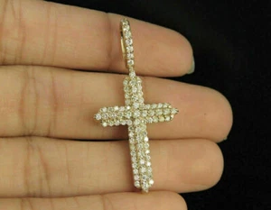 1.20 Ct Simulated Diamond 3 Row Prong Men's Cross Pendant 14K Yellow Gold Plated - Picture 1 of 7