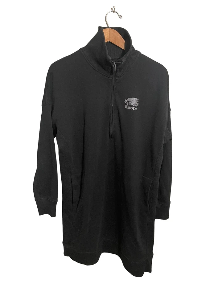 Roots Zip Sweatshirt Dress Womens Medium Panel Logo Cotton Blend Pockets Black - Image 1 of 4