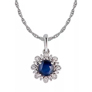 10k White Gold Genuine Round Sapphire & Diamond Vintage Style Halo Necklace - Picture 1 of 4