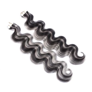 Tape In On #1b/Grey Gesträhnt GEWELLT Hair Extensions Haarverlängerung Echthaar  - Bild 1 von 7