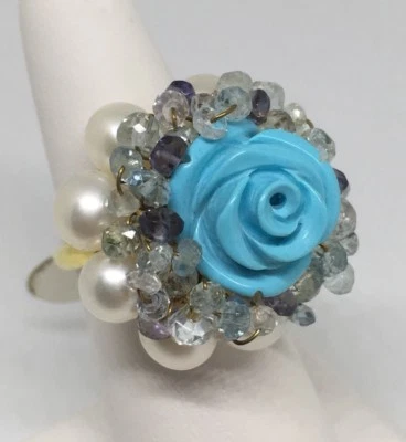 Nuevo con etiquetas Impresionante Anillo Racimo con Perla Rosa Turquesa Tallada y Cristales Talla 6-9 Foto 1 de 4