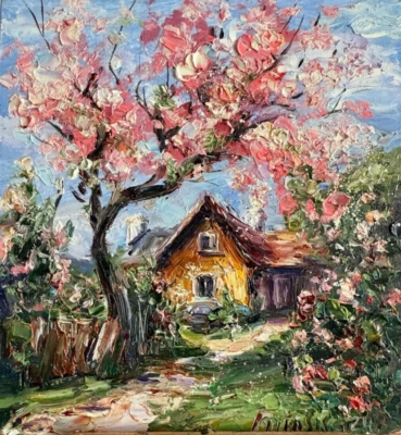 Cottage Garden – 6x6 Original Oil Painting, Pink Cherry Tree in Bloom - Изображение 1 из 4