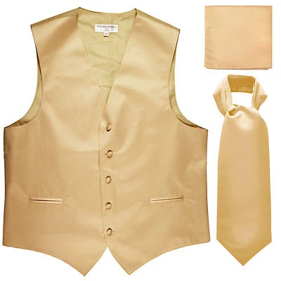 New Men's beige formal vest Tuxedo Waistcoat ascot hankie set wedding prom party - Image 1 of 4