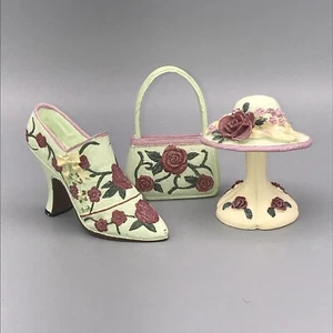 Mini Decorative Ladies High Heel Shoe Purse Hat Figurine Blue With Roses - Picture 1 of 10