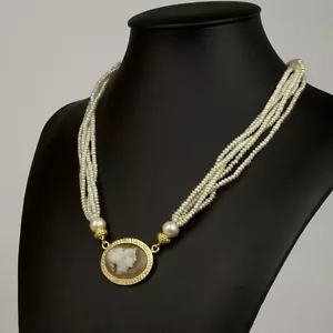 COLLANA IN ARGENTO 925 DORATO CON ZIRCONI PERLE CAMMEO SARDONICO MARTE AGLN 0224 - Foto 1 di 4