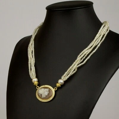 COLLANA IN ARGENTO 925 DORATO CON ZIRCONI PERLE CAMMEO SARDONICO MARTE AGLN 0224 - Immagine 1 di 4