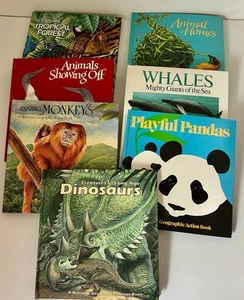 7 National Geographic Childrens Pop-Up Action Books 1980s Whales Dinosaurs Panda - Imagen 1 de 16