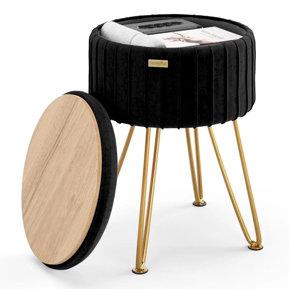 Otomana redonda con almacenamiento, otomana de almacenamiento de terciopelo plisado, taburete de pie otomana... Foto 1 de 4