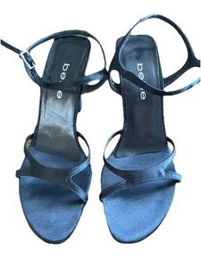 Bebe Sz 6B Black Satin Leather Sole High Heel Sandals Open Toe Front Strap Shoes - Picture 1 of 7