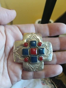 Vintage Southwestern Anstecknadel/Anhänger Lapis Koralle Edelstein gestempelt Silber Concho Kreuz - Bild 1 von 4