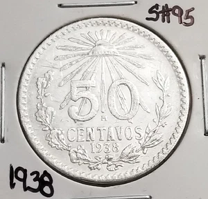 Moneda de 50 Céntimos México 1938 .720 Plata, Fecha Clave, Moneda de Plata .720. Escasa. - Imagen 1 de 4