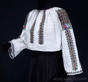 Vintage handbestickte Leinen Bauernbluse Ukrainisch Rumänien Volkstracht alt - Bild 1 von 12