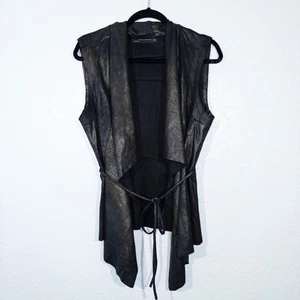 Zara Woman Black Metallic Faux Suede Open Front Tie Vest Size Medium - Picture 1 of 6