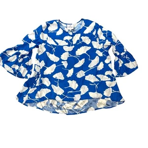 LaRoque 100% Silk Blue Floral Whimsical Blouse OS Ruffle Sleeves Shirt Tropical - Picture 1 of 5