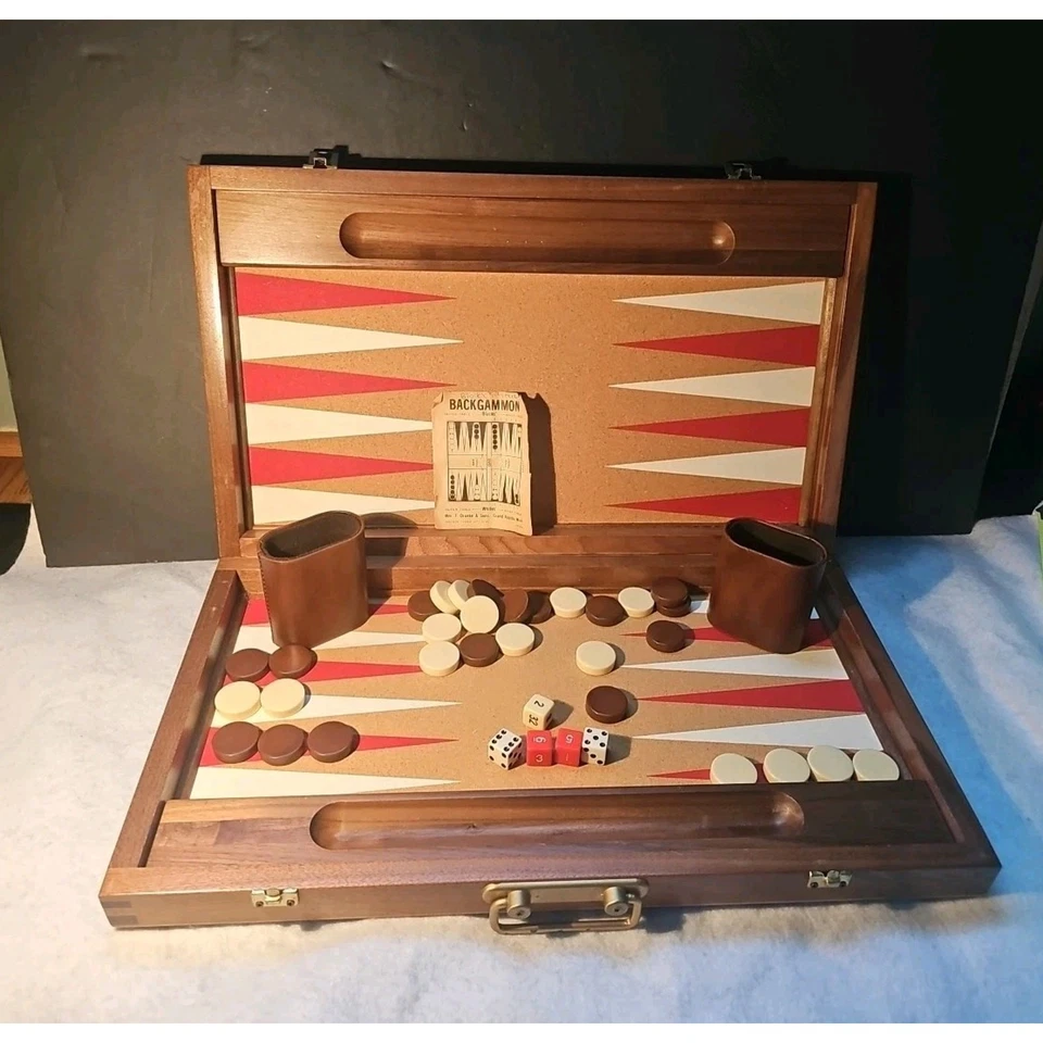 Drueke Backgammon Bakelite chips Corkboard Surface Solid Wood case game vintage - Image 1 of 4