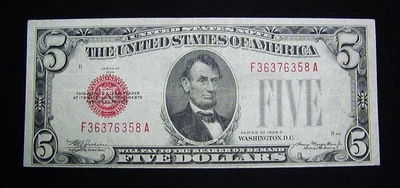 Série 1928 C Cinco Dólares $5 ESTADOS UNIDOS Licitação Legal Nota Bancária Selo Vermelho LOOK - Imagem 1 de 4