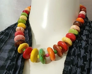 Colorful Rainbow Necklace Dyed Graduated Rondelle Discs Tribal Artisan - Picture 1 of 11