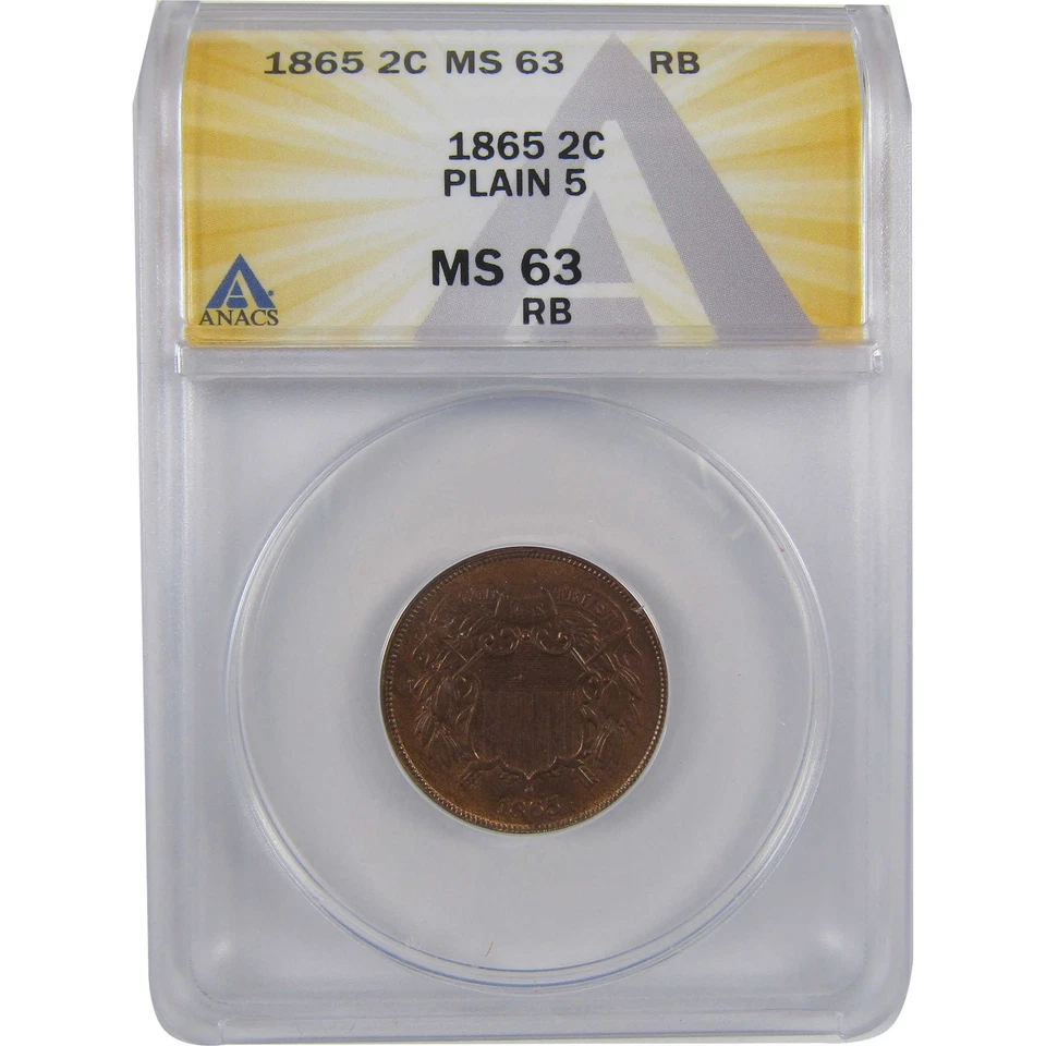 1865 Plain 5 Two Cent Piece MS 63 RB ANACS Uncirculated SKU:I18417 - Image 1 of 4