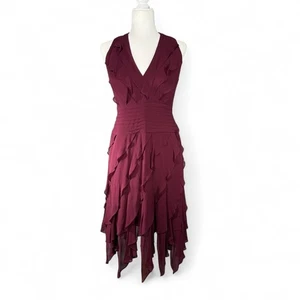 NWT Vintage Tadashi 100% Silk Ruffle Asymmetrical Halter Dress 8P Y2K Burgundy - Imagen 1 de 18