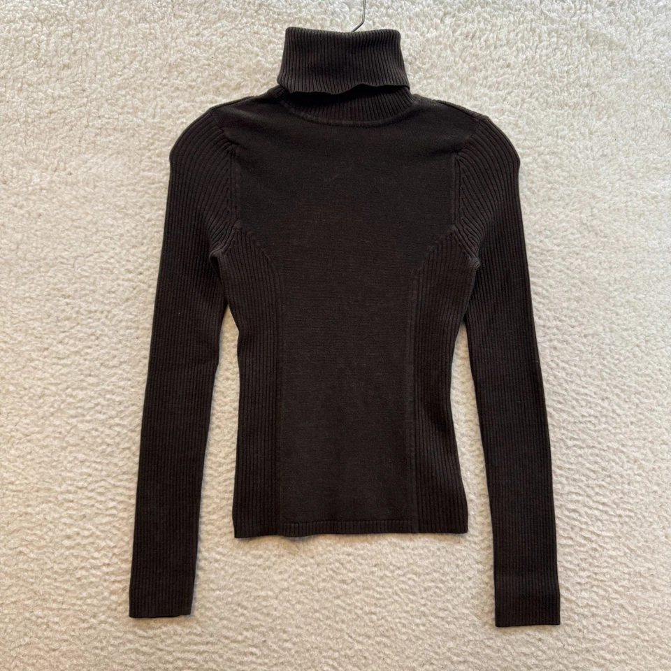 Y2K Vintage Turtleneck Sweater XS Small Brown Rib Knit Fitted Preppy Minimalist - Image 1 of 4