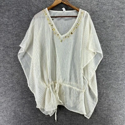 Unbranded Blouse Women L/XL White Striped V-Neck Short Sleeve Sheer Rhinestone - Image 1 of 4