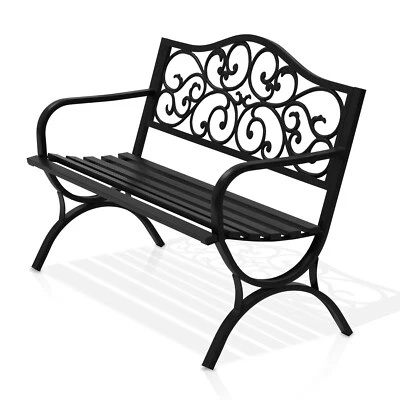 50" Outdoor Patio Seat Garden Bench Cast Iron Porch Park Lawn Yard Benches Black - Image 1 of 4