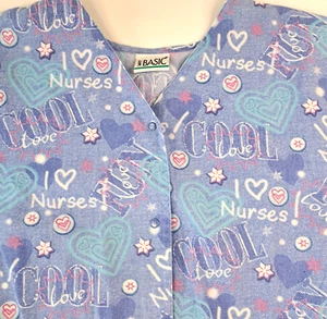 Simply Basic Snap Close Scrub Top Shirt Women's XL 48" Blue "I Love Nurses" - Picture 1 of 6