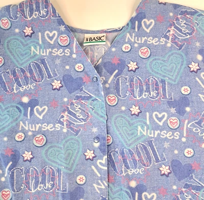 Simply Basic Snap Close Scrub Top Shirt Women's XL 48" Blue "I Love Nurses" - Image 1 of 4