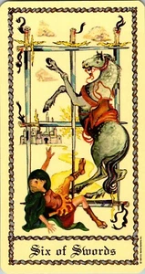 Die mittelalterliche Scapini Tarotkarte Luigi Scapini 1984 Sechs der Schwerter 1D68 - Bild 1 von 3
