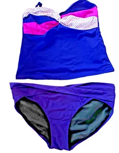 Conjunto Tankini BHS Riviera/M&Co UK 18 Púrpura Mezcla Lunares Torcido Frontal Cuello Halter - Imagen 1 de 5
