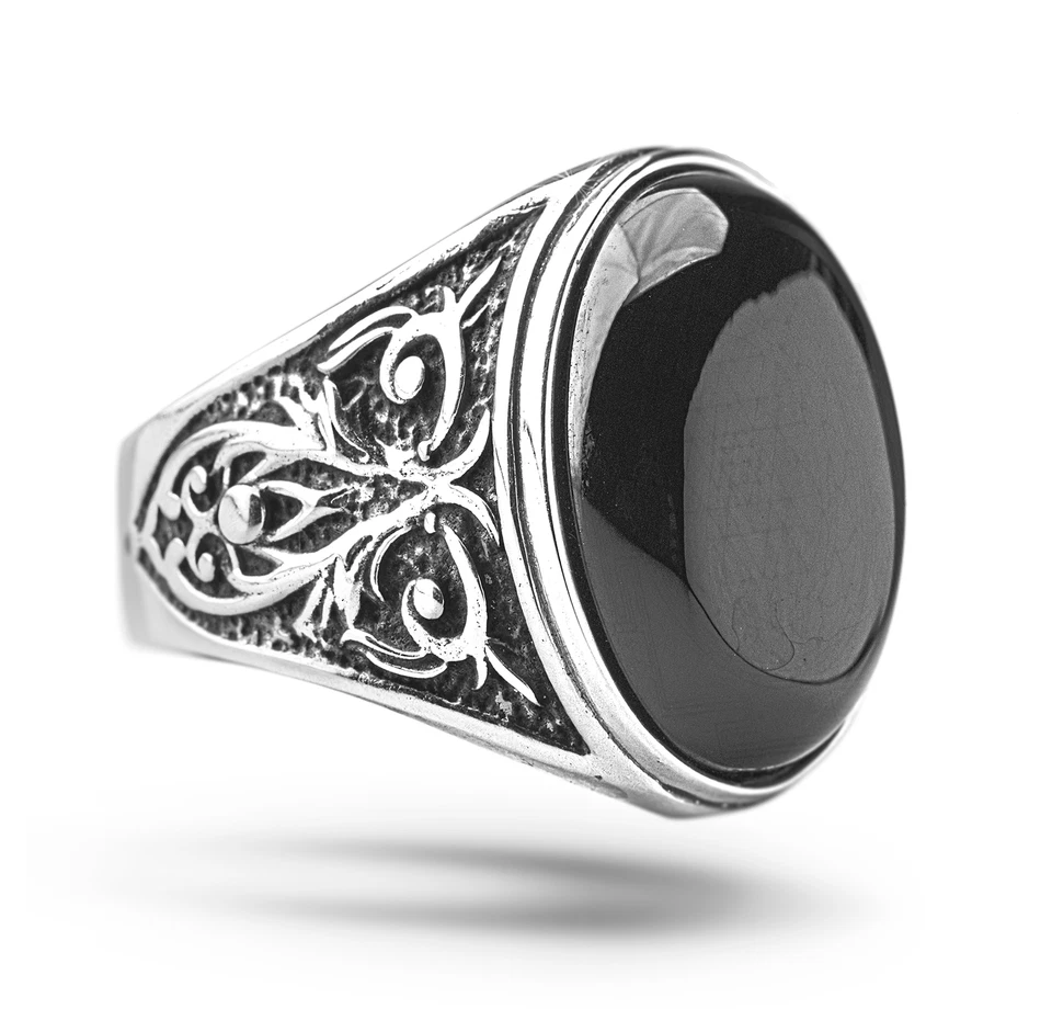 Anello in argento sterling 925 con pietra preziosa naturale agata nera... - Immagine 1 di 4